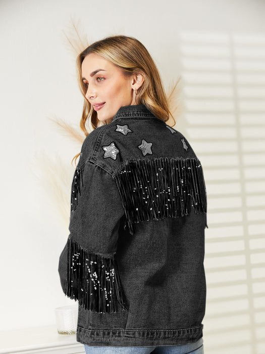 Fringe Detail Long Sleeve Denim Jacket