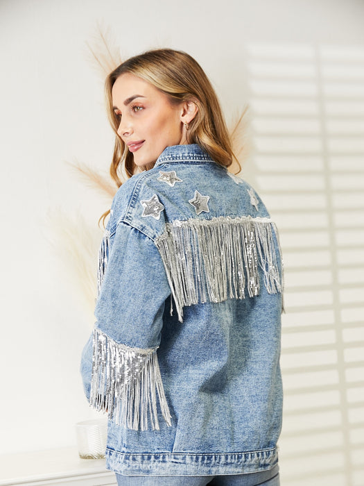 Fringe Detail Long Sleeve Denim Jacket