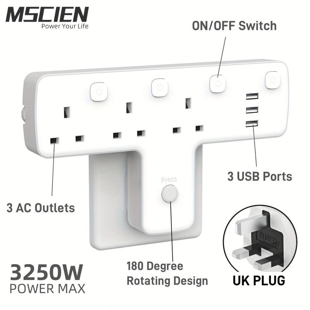 1pc MSCIEN UK Plug T Shape Design Multi Plug Adopter 3 USB Ports 3 AC Outlets With LED Light Independent Switches Surge Protector Wall Electric Power Expansion Sockets 180 Degree Rotation 3250W Power Strip For Home Office